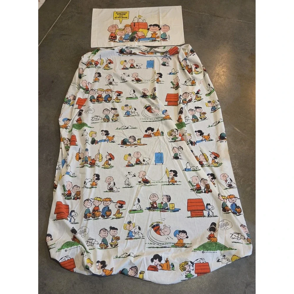 Vintage Peanuts Snoopy Fitted Sheet Pillowcase Set Full Size 1971 Charlie Brown